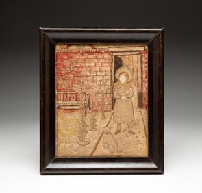 AMERICAN STUMPWORK SCENE OF GIRL AND HER DOG.