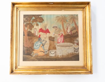 AMERICAN BIBLICAL STUMPWORK OF REBECCA AT THE WELL.