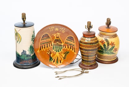 THREE DAVID SMITH TURTLE CREEK POTTERS (MORROW, OHIO) GLAZED REDWARE LAMPS AND A CHARGER.