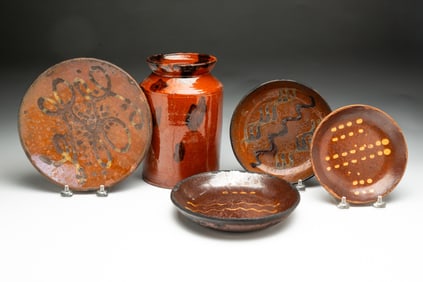 FIVE AMERICAN REDWARE ITEMS.