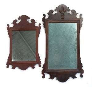 TWO AMERICAN CHIPPENDALE FRET-CARVED MAHOGANY MIRRORS.