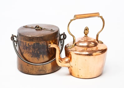 COPPER AND BRASS GOOSENECK TEAPOT PLUS LIDDED HANGING POT.