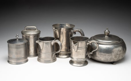 SIX ENGLISH PEWTER ITEMS, INCL. LIDDED TOBACCO JAR.