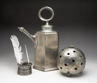 THREE EUROPEAN PEWTER ITEMS, INCL. LIDDED INKWELL.