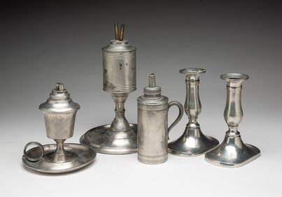 FIVE PEWTER LIGHTING ITEMS, INCL. PAIR OF CANDLESTICKS.