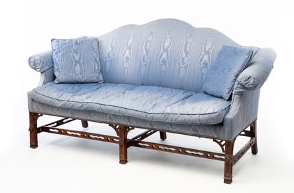 MARSHALL FIELD'S CHIPPENDALE STYLE MAHOGANY AND MOIRE-UPHOLSTERED CUSTOM-MADE SOFA.