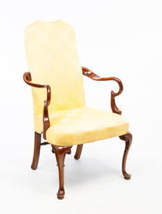AMERICAN QUEEN ANNE STYLE MAHOGANY ARMCHAIR.: American, 20th Century. Mahogany. Shaped crest, open gooseneck arms, front cabriole legs with scrolled returns, pad feet, curved back legs with turned stretcher and bright yellow Damask upholstery. 19