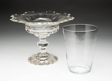 TWO GLASS VESSELS, INCL. COMPOTE.: American and English, 19th Century. Clear glass flip with broken pontil, 6"h. Cut glass compote with foliate base, 6.75"h.