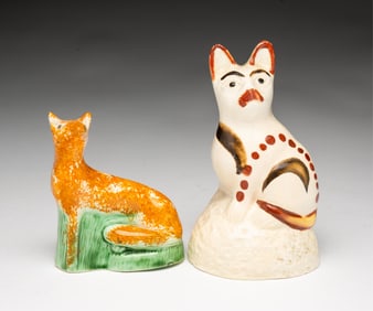 ENGLISH WHELDON CAT AND FOX FIGURINES.