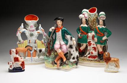 ASSEMBLED GROUP OF STAFFORDSHIRE SPILL VASES AND FIGURINES.