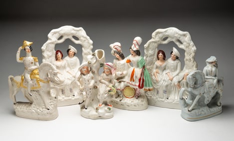 SIX ENGLISH STAFFORDSHIRE POTTERY FIGURINES.