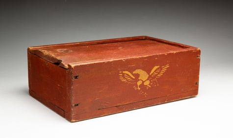 AMERICAN PAINTED AND STENCIL-DECORATED SLIDE LID BOX WITH EAGLE.