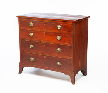 EASTERN NORTH CAROLINA FEDERAL CHERRY AND STRING-INLAID FOUR-DRAWER CHEST.: American (Eastern North Carolina), ca. 1800. Cherry with pine secondary. Solid ends, lambs tongue chamfers, four dovetailed drawers with applied beaded edges, inlaid fronts and escutcheons, shaped apr