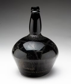 ENGLISH STIPPLE-DECORATED OLIVE GLASS “WEDDING BOTTLE", DATED 1850.