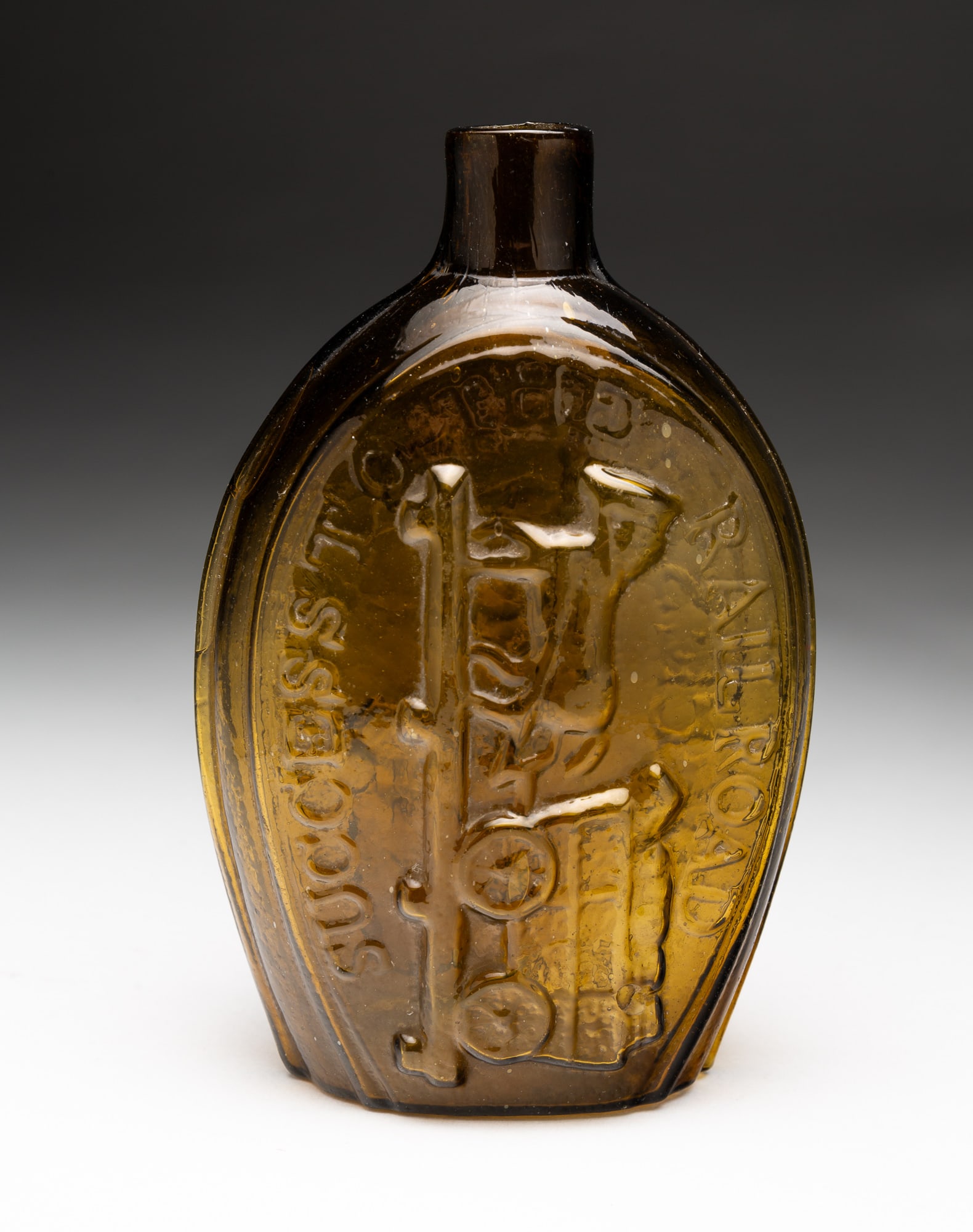 AMBER "SUCCESS TO THE RAILROAD" FLASK. (1 of 3)