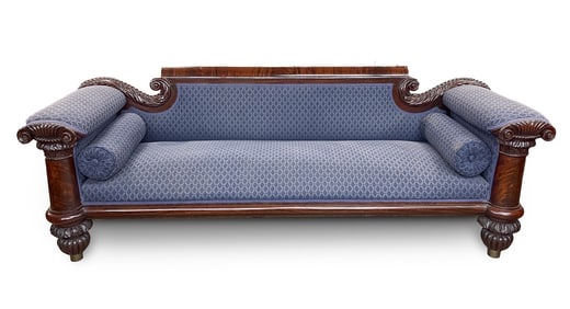 AMERICAN CLASSICAL MAHOGANY AND CUSTOM-UPHOLSTERED SOFA.