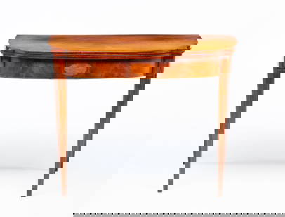 MASSACHUSETTS FEDERAL MAHOGANY AND LINE-INLAID BOWFRONT CARD TABLE.: American (Massachusetts), ca. 1800. Mahogany with pine secondary. Shaped bifold top with line inlay on edge, apron with elliptical reserve surrounded by fine inlay, tapered legs with inlaid panels at