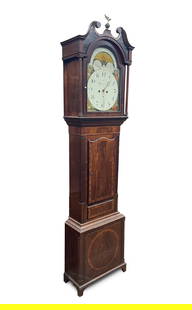 WILLIAM MUNCASTER (WHITEHAVEN, 1776-1851) GEORGE III MAHOGANY LONG CASE CLOCK.: William Muncaster (Whitehaven, 1776-1851), Early 19th Century. Mahogany with pine secondary. Bonnet with broken arch pediment, arched door, floral painted decoration and reeded pilasters. Case with mo
