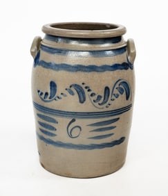STAMPED "HAMILTON" SIX GALLON DECORATED STONEWARE JAR.