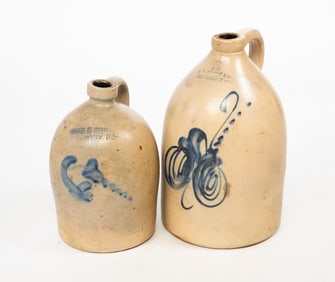 TWO STONEWARE JUGS WITH SALT GLAZE DECORATION.