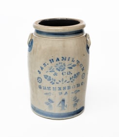 FOUR GALLON JAS. HAMILTON & CO. STONEWARE JAR.