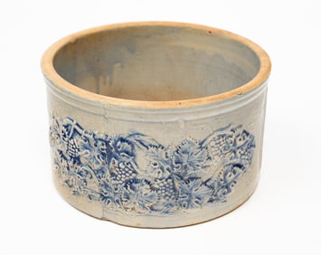 SALT GLAZED JAR WITH EMBOSSED DECORATION.
