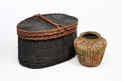 TWO AMERICAN PAINTED WILLOW HAMPER BASKETS.