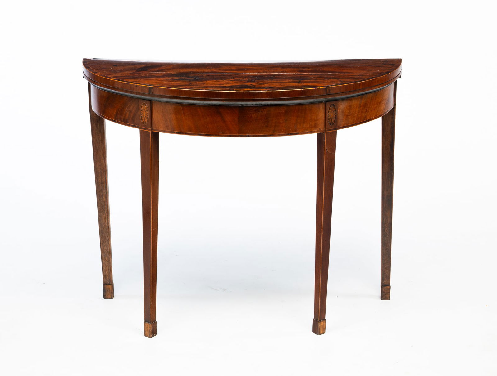 GEORGE III MAHOGANY DEMILUNE GAMES TABLE. (1 of 4)