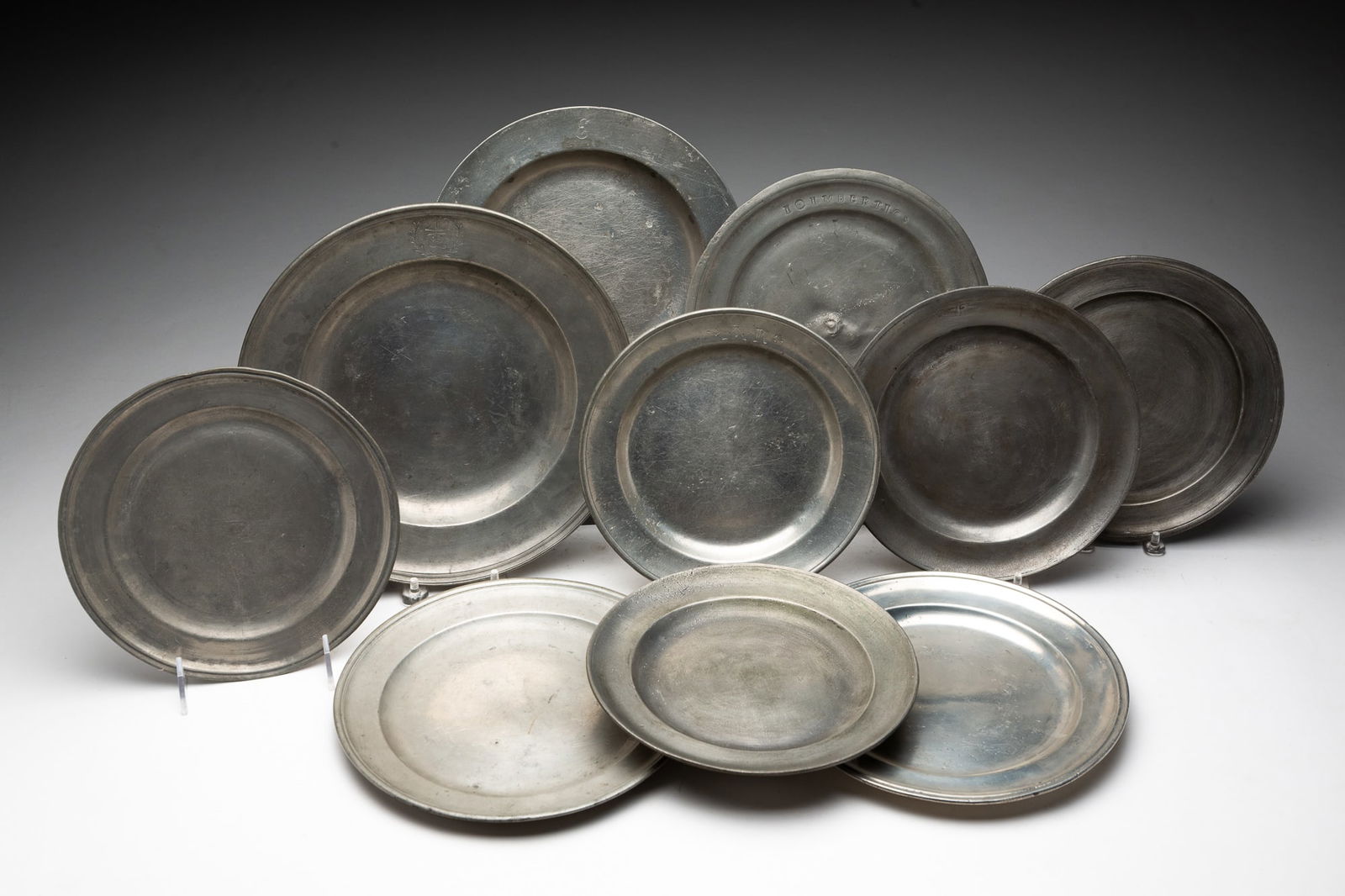 TEN PEWTER PLATES. (1 of 8)