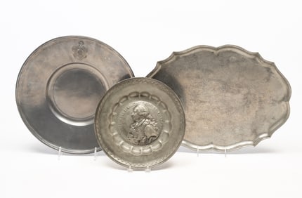 THREE EUROPEAN PEWTER SERVING PIECES.