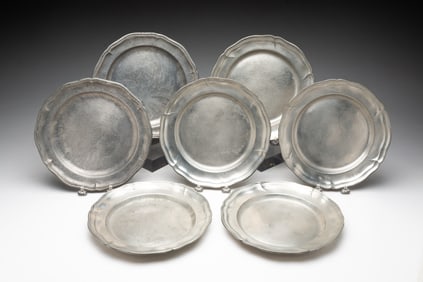 SEVEN EUROPEAN PEWTER PLATES.