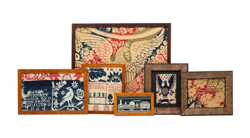 SIX AMERICAN JACQUARD COVERLET FRAGMENTS, INCL. G. HEILBRONN (LANCASTER, OHIO) AND HENRY SCHEIB.