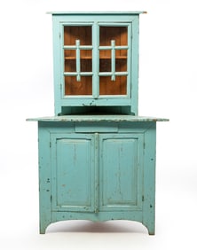 AMERICAN BLUE-PAINTED PINE DIMINUTIVE CORNER CUPBOARD.