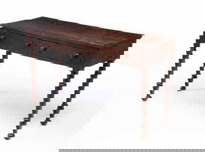 AMERICAN SHERATON CHERRY TWO-DRAWER WORK TABLE.: American, 19th Century. Cherry with poplar secondary. Dovetailed side by side drawers, turned legs and old if not original dark finish. 29.75"h. 50.25"w. 16.75"d.