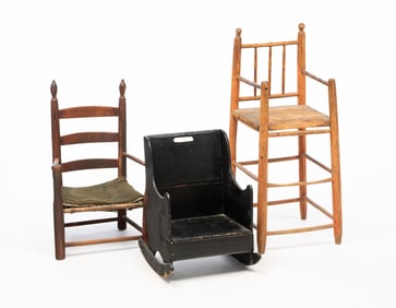 THREE AMERICAN CHILD'S CHAIRS, INCL. EBONIZED ROCKER.