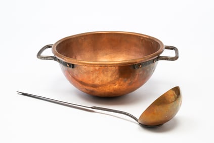 LARGE COPPER CANDY KETTLE AND LADLE.