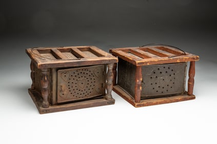 TWO AMERICAN PUNCHED TIN FOOT WARMERS.
