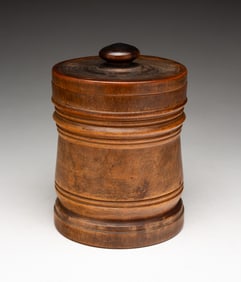 BURL TREENWARE COVERED CANISTER.