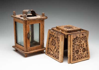 DIMINUTIVE BARN LANTERN AND CASED BUTTER MOLD.