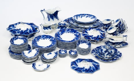 PARTIAL SET OF GRINDLEY FLOW BLUE "ARGYLE" PATTERN CHINA.