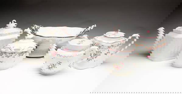 GROUP OF EARLY ENGLISH EARTHENWARE.: England, 19th Century. Including a teapot with swan finial, 7"h., a floral paint decorated shaped body teapot, 6"h., a fluted body lidded sugar bowl with floral decoration, 5.5"h., a black transferwar