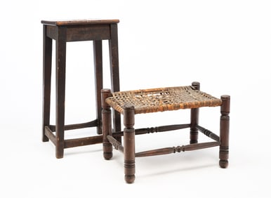 TWO AMERICAN PRIMITIVE STOOLS, INCL. WALNUT AND SPLINT-WOVEN FOOTSTOOL.