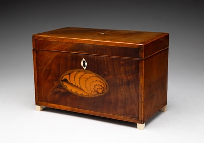ENGLISH MAHOGANY AND MARQUETRY TEA CADDY.