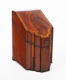 GEORGE III FLAME MAHOGANY AND CROSSBANDED KNIFE BOX.