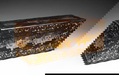CHINESE EXPORT BLACK AND GILT-LACQUERED GLOVE BOX.: Chinese, Mid-19th Century. Chinoiserie decorated with figures in front of buildings and trees surrounded by scrolling flowers, the hinged lid opening to an interior fitted with a lacquer tray. 4"h. 10