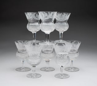 EIGHT EDINBURGH CRYSTAL "THISTLE" WHITE WINE GLASSES.
