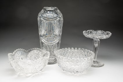 FOUR BRILLIANT PERIOD CUT GLASS SERVING ITEMS.