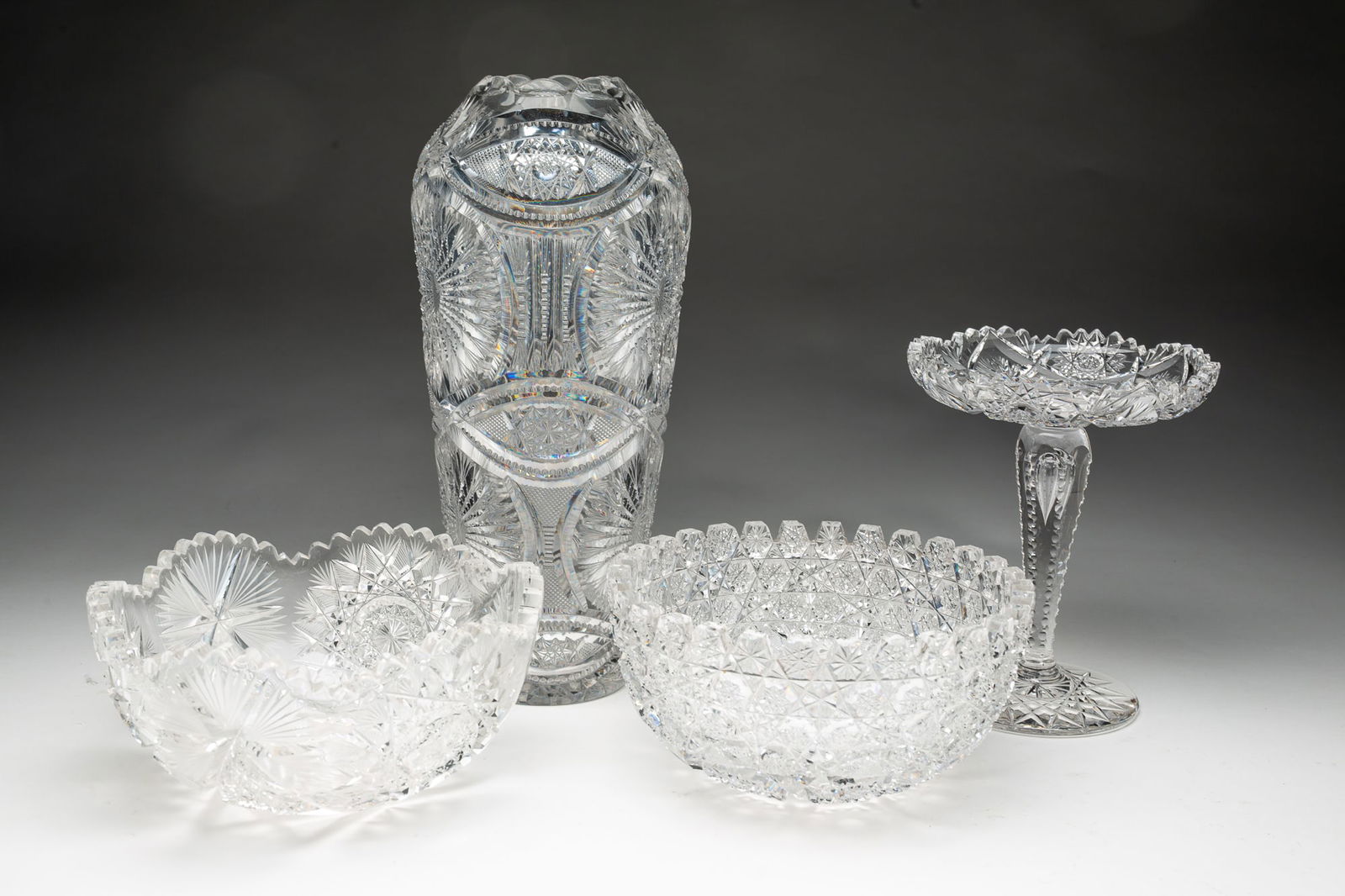 FOUR BRILLIANT PERIOD CUT GLASS SERVING ITEMS. (1 of 6)