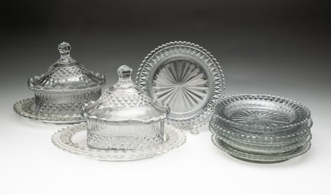 SIX CUT GLASS UNDERPLATES AND TWO CUT GLASS BUTTER TUBS WITH UNDERPLATES.