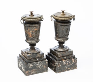 PAIR OF LARGE FRENCH BRASS-MOUNTED MARBLE URNS.